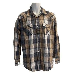 Coastal Mens Long Sleeve Western Pearl Snap Shirt Size Large Brown/Blue Plaid